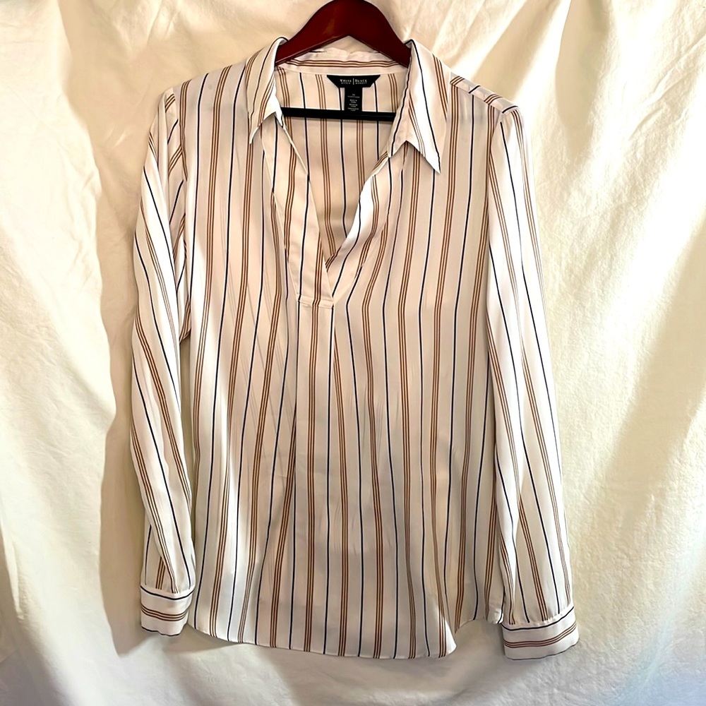 WHBM blouse. Tan, black, brown stripes. Size 12